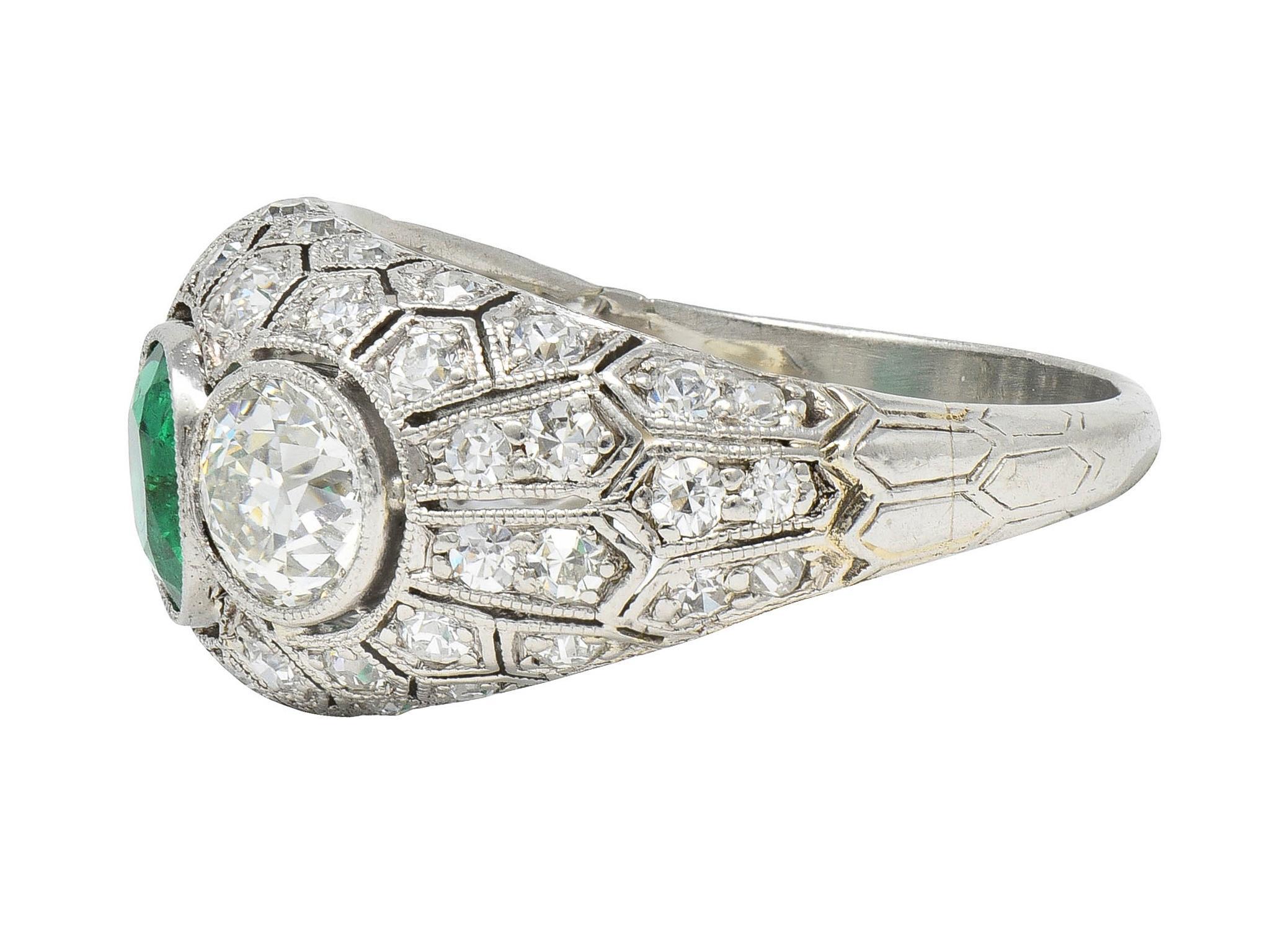 Art Deco 2.49 CTW Emerald Diamond Platinum Three Stone Antique Bombé Ring For Sale 2