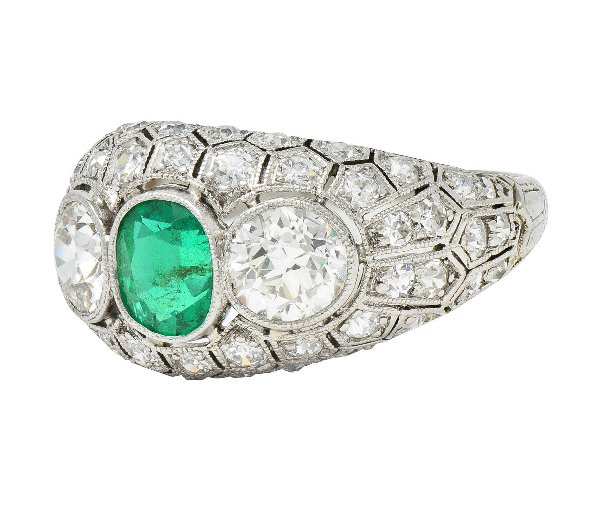 Art Deco 2.49 CTW Emerald Diamond Platinum Three Stone Antique Bombé Ring For Sale 3