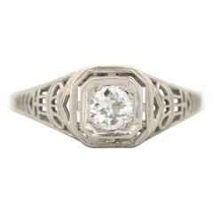 Art Deco .25 1/4 Carat Diamond 18 Karat Gold Filigree Antique Engagement Ring