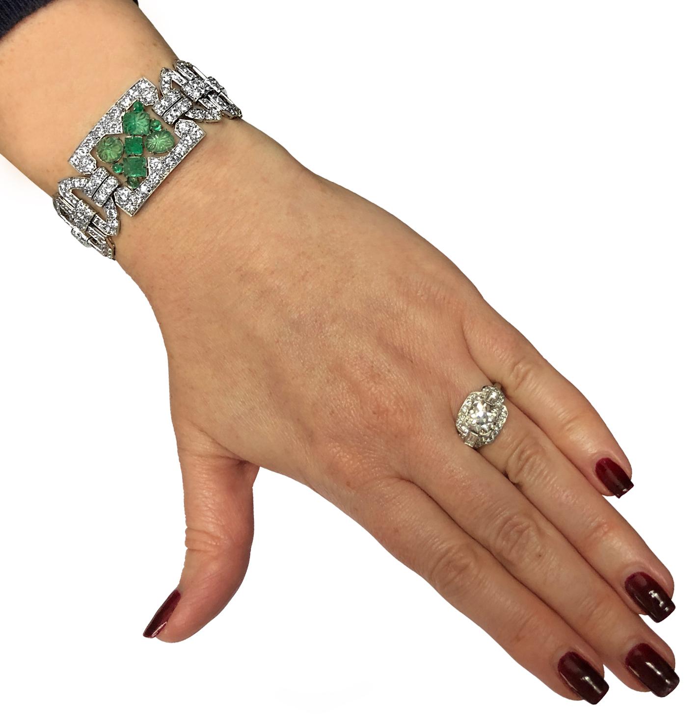 Old European Cut Art Deco 25 Carat Diamond and Emerald Bracelet