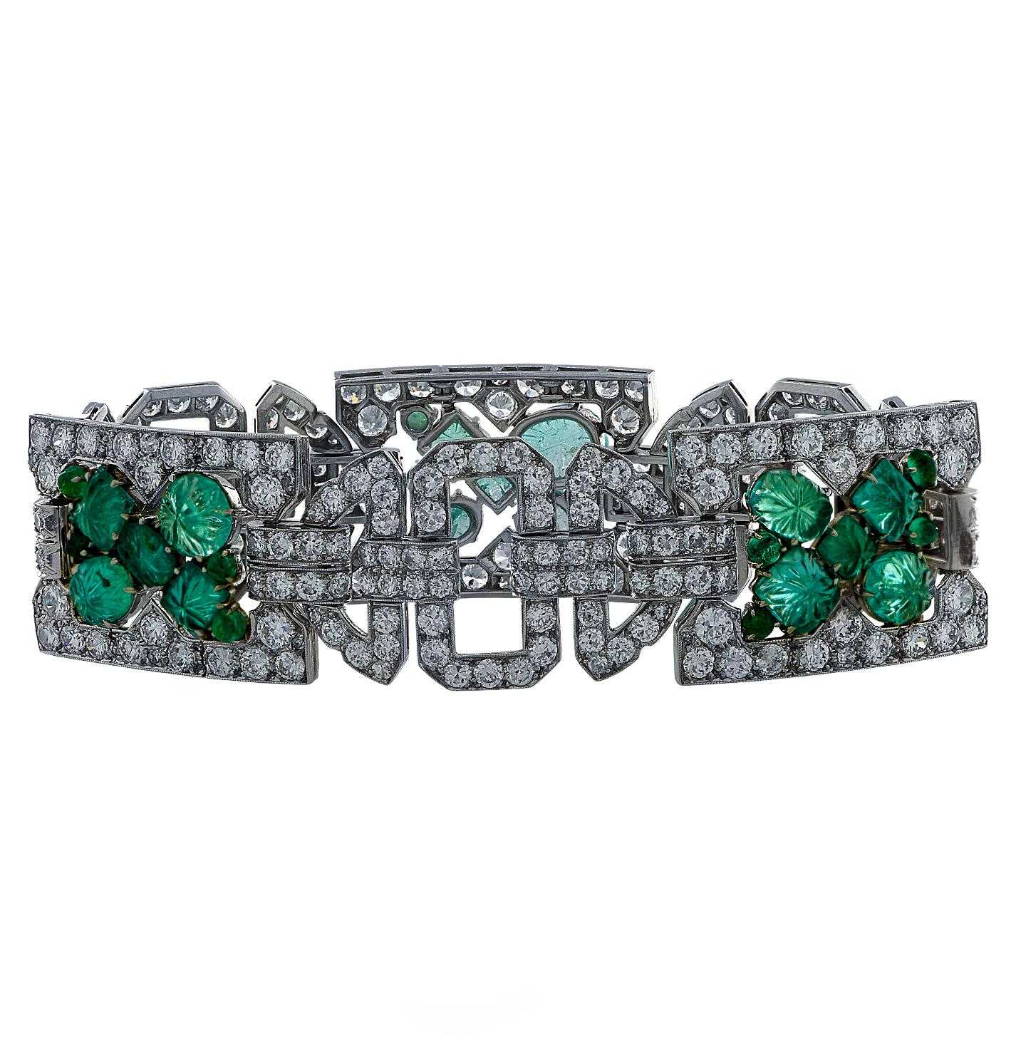 Art Deco 25 Carat Diamond and Emerald Bracelet In Good Condition In Miami, FL