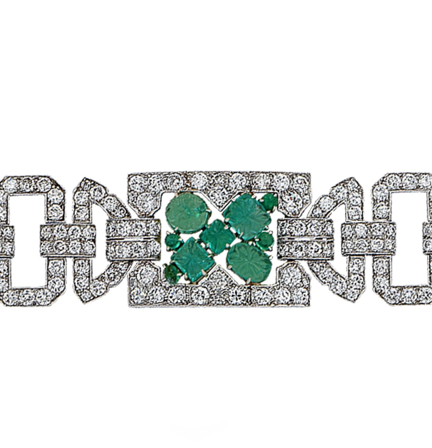 Women's Art Deco 25 Carat Diamond and Emerald Bracelet
