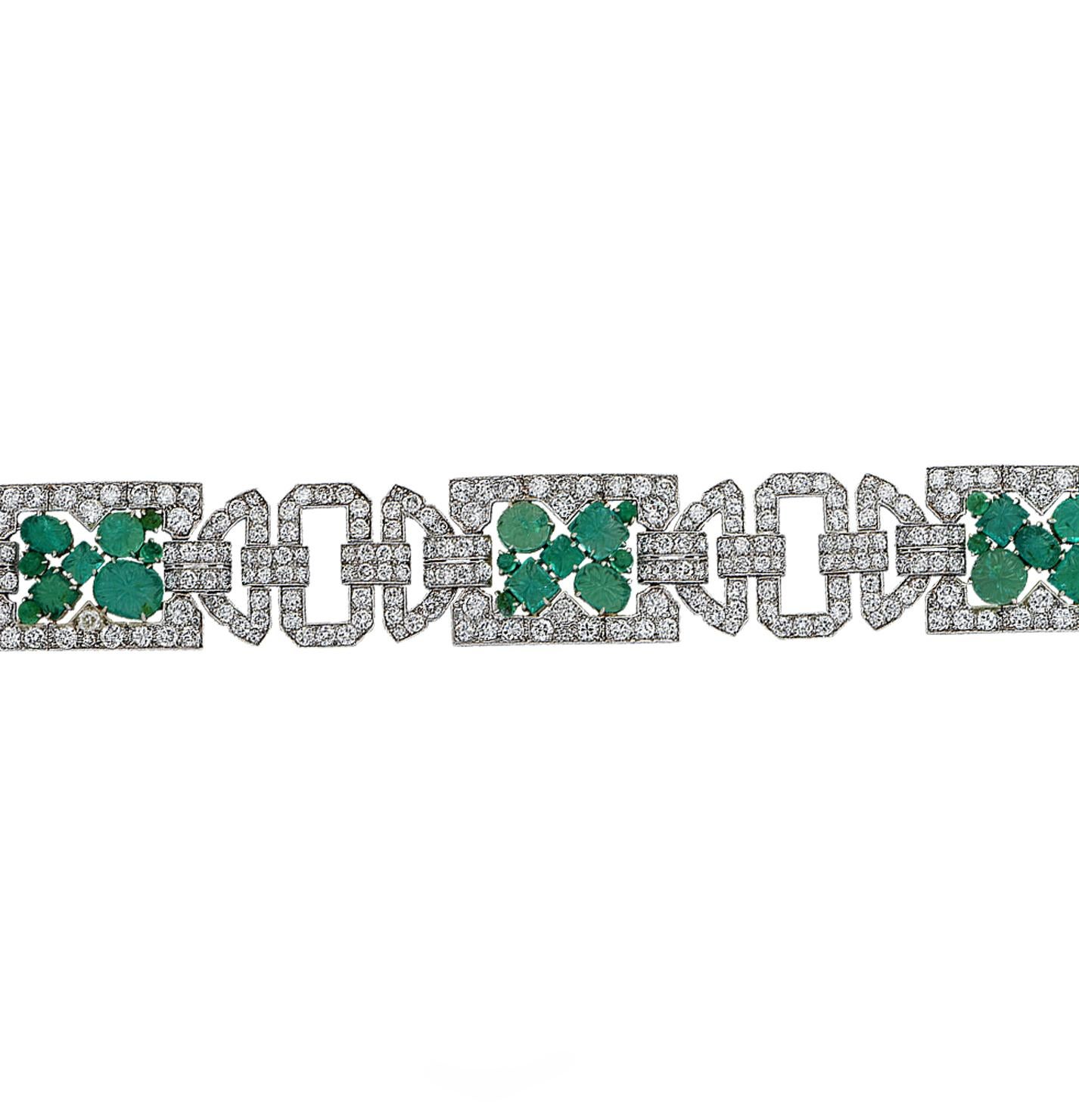 Art Deco 25 Carat Diamond and Emerald Bracelet 1