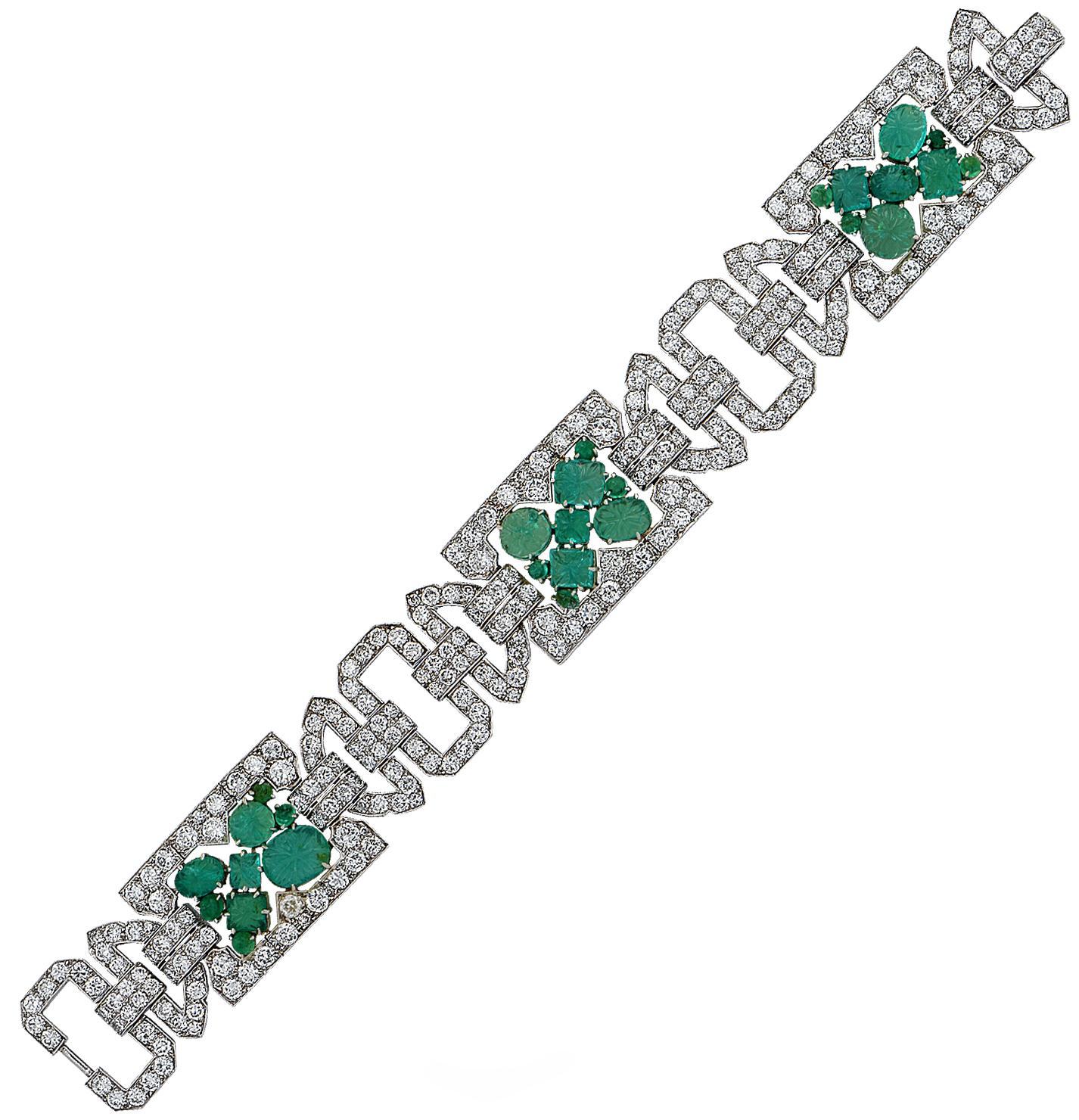 Art Deco 25 Carat Diamond and Emerald Bracelet 2