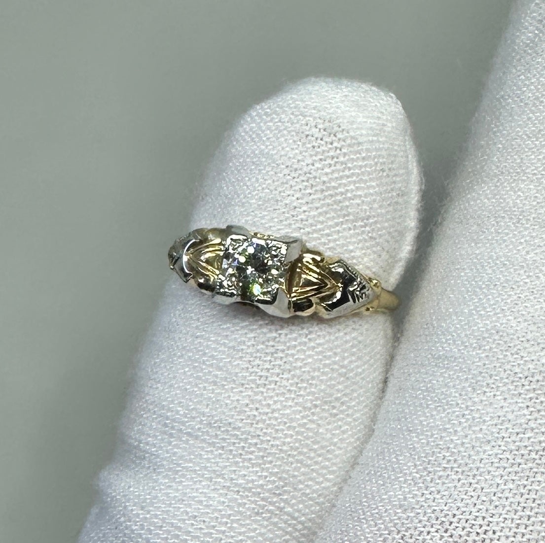 This is a stunning Antique Art Deco - Edwardian Diamond Wedding Engagement Stacking Ring set with a spectacular approximately .25 Carat Diamond in a beautiful detailed setting in 18 Karat and 14 Karat White and Yellow Gold.  The Diamond is