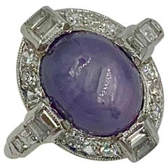 Art Deco 2.5 Carat Purple Star Sapphire Diamond Platinum Halo Ring Antique