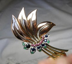 Art Deco 2.5 CT Sapphire Emerald Diamond Ruby Flower Brooch Retro Museum Quality