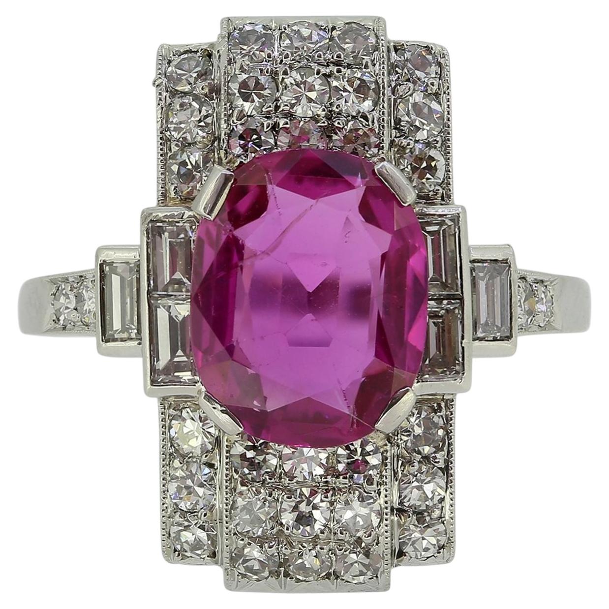 Art Deco 2.50 Carat Burmese Pink Sapphire and Diamond Ring