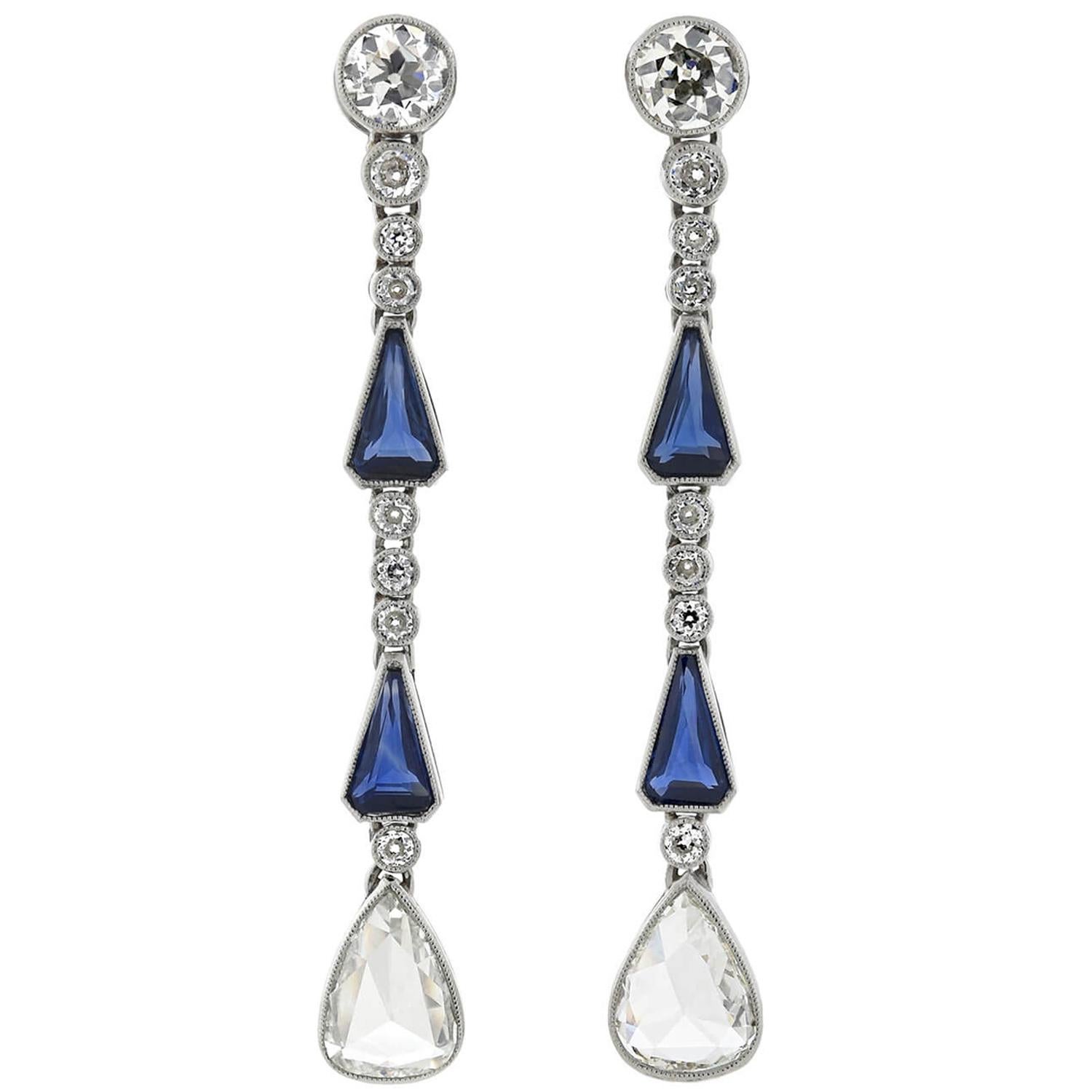 Art Deco 2.50 Carat Diamond and 1.02 Carat Sapphire Dangle Earrings For Sale