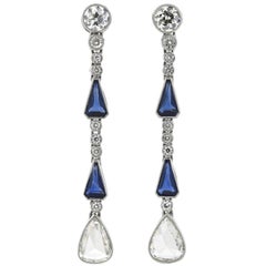 Art Deco 2.50 Carat Diamond and 1.02 Carat Sapphire Dangle Earrings