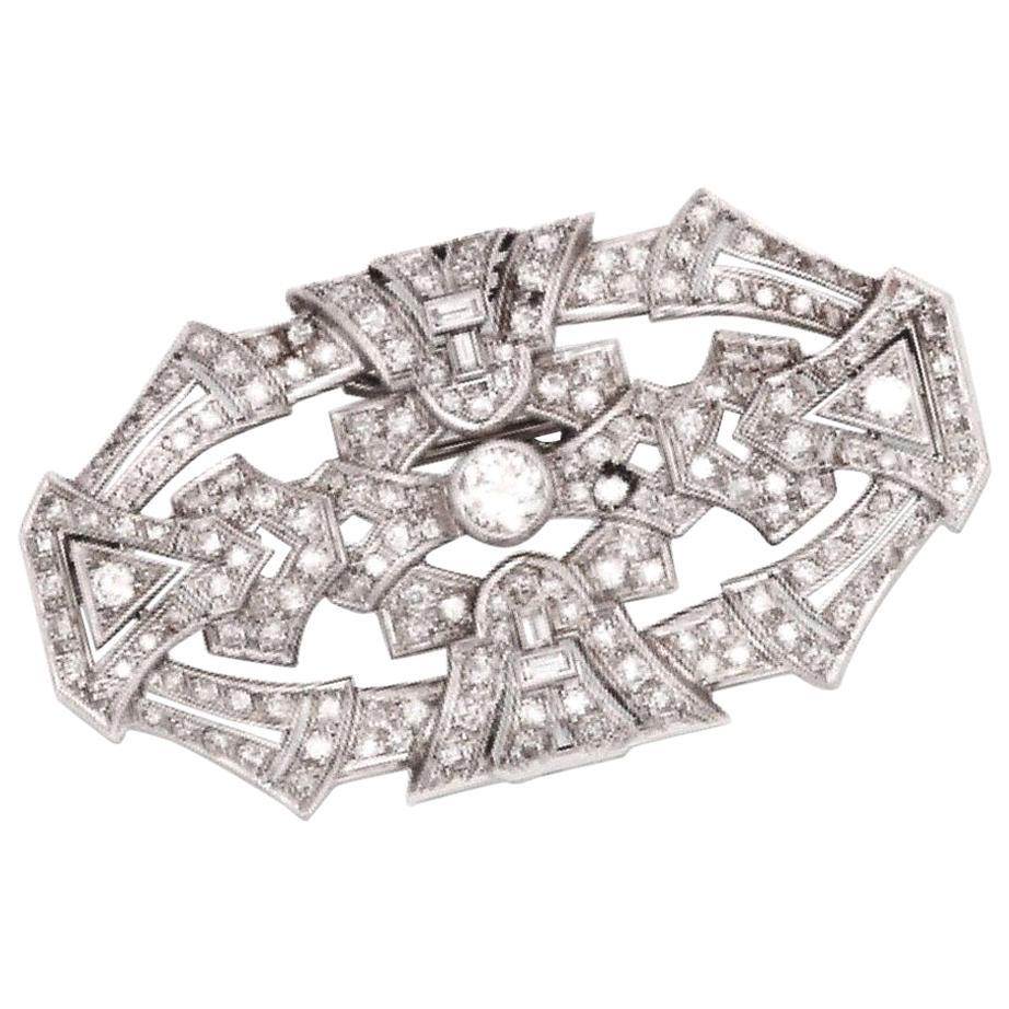 Art Deco 2.50 Carat Diamond and Diamond Paved Platinum Brooch Pin