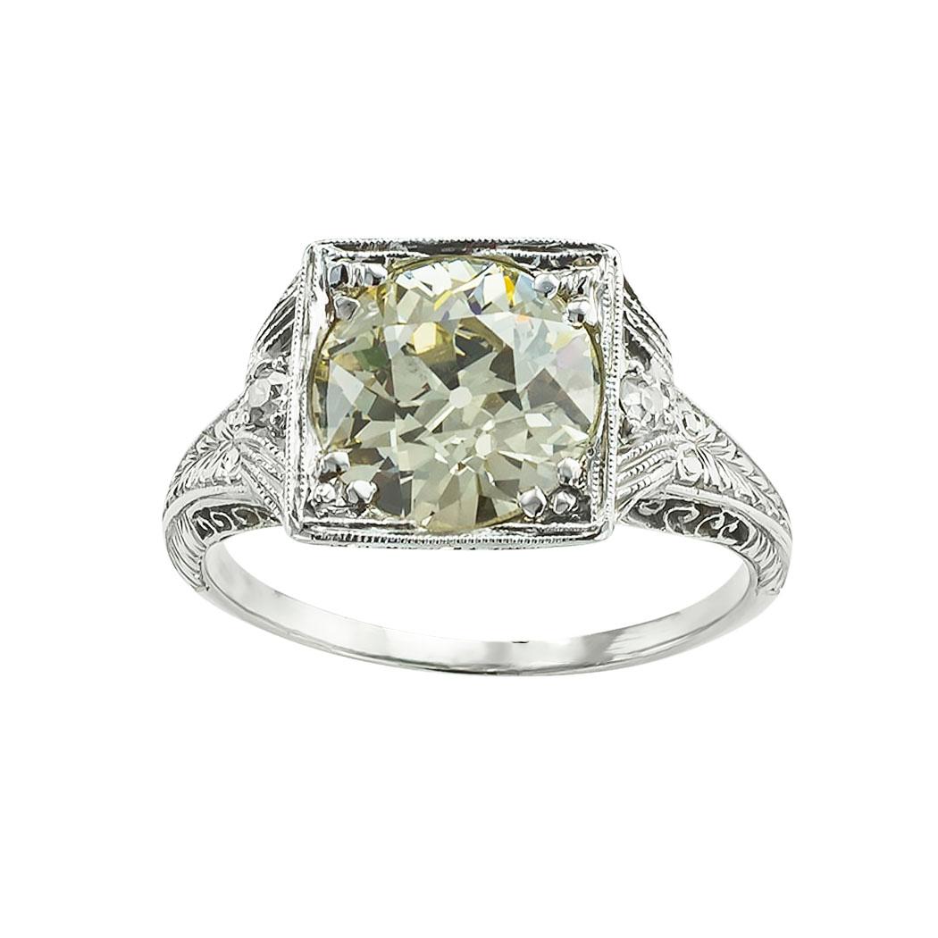 GIA report certified 2.50 carats old European-cut diamond light yellow color and platinum engagement ring circa 1925. *

ABOUT THIS ITEM:  #R-DJ924A. Scroll down for specifications.  This impressive Art Deco platinum engagement ring showcases a