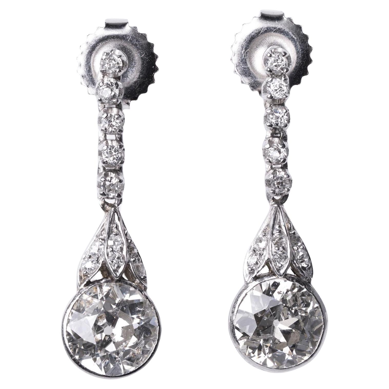 Art Deco 2.50 Carat Old European Diamond Drop Earrings
