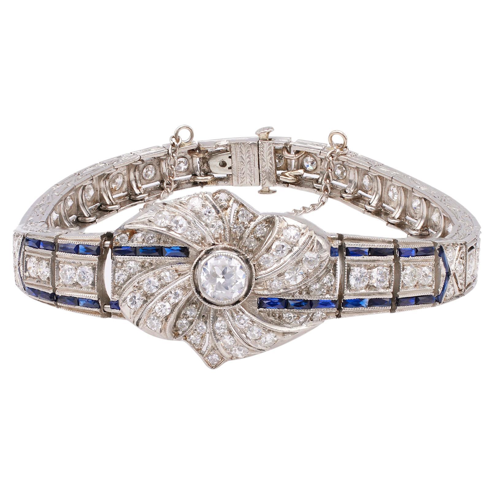 Art Deco 2.50 Carat Total Weight Diamond and Sapphire Platinum Link Bracelet