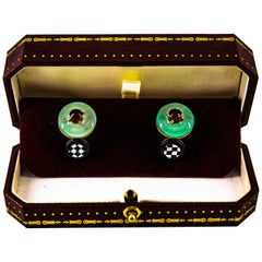 Art Deco Style 2.50 Carat Tourmaline Jade Onyx Mother of Pearl Gold Cufflinks