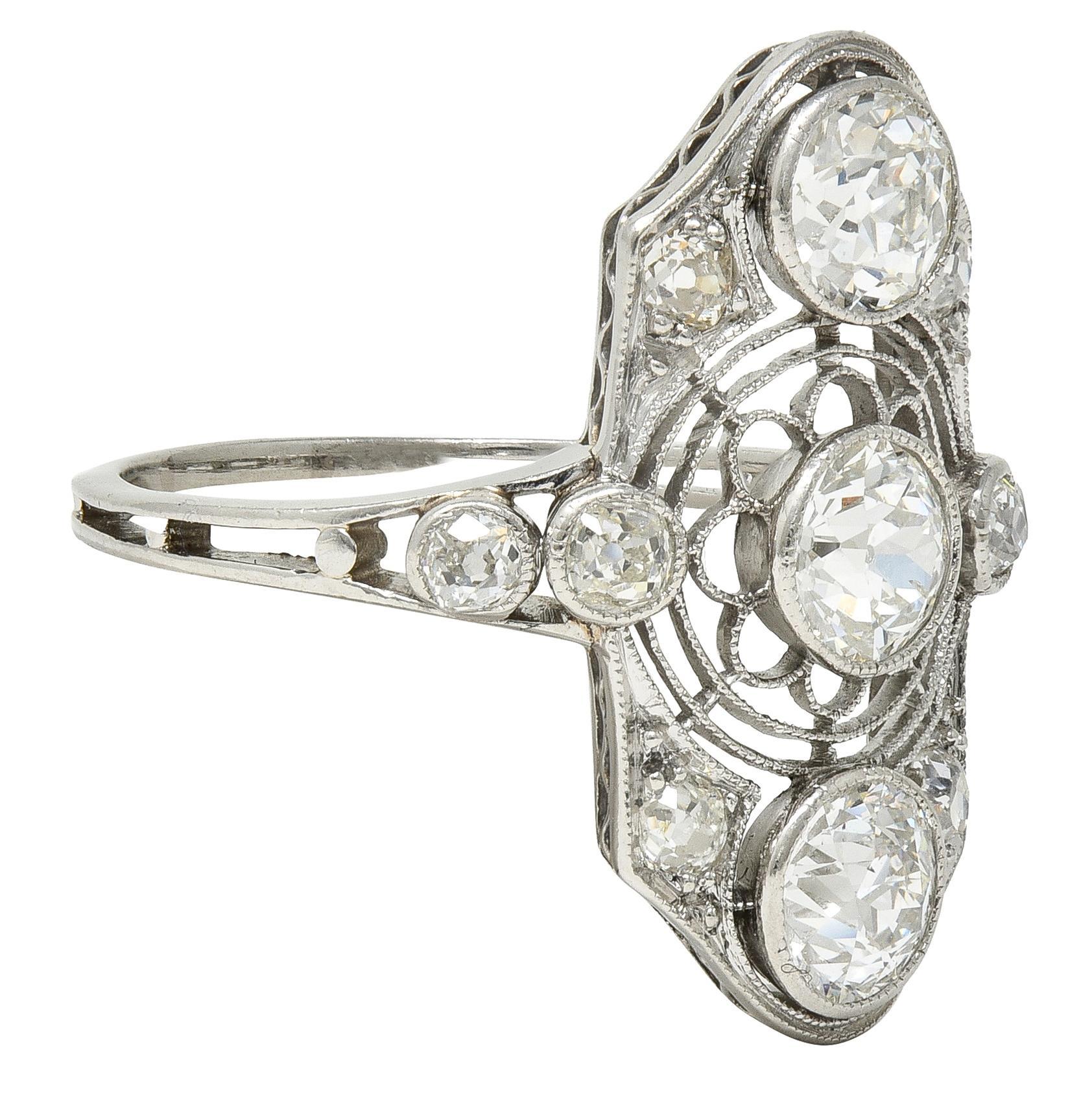 Art Decó 2.50 CTW Diamante Europeo Platino Navette Floral Vintage  Cena Anillo Corte europeo antiguo en venta