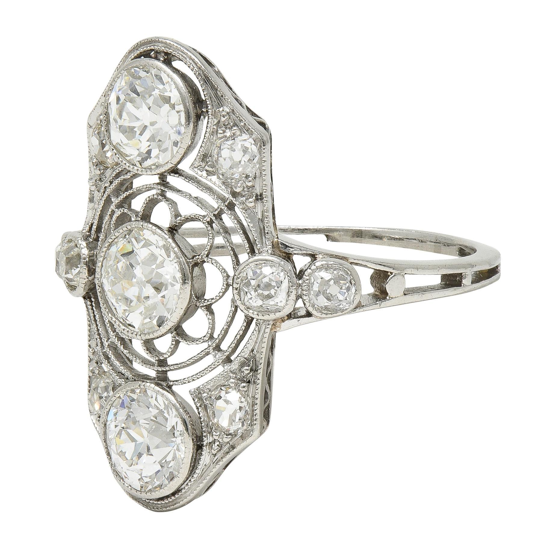 Art Decó 2.50 CTW Diamante Europeo Platino Navette Floral Vintage  Cena Anillo en venta 1