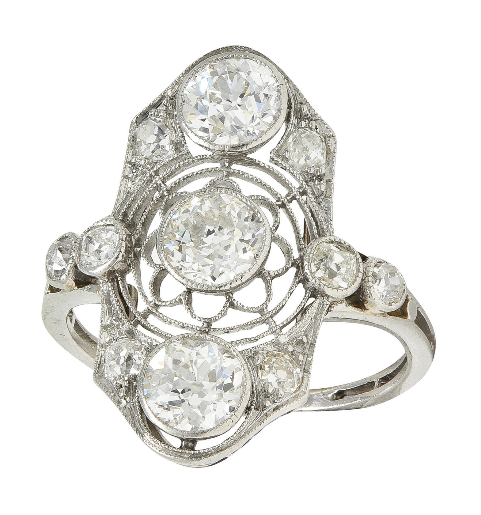 Art Decó 2.50 CTW Diamante Europeo Platino Navette Floral Vintage  Cena Anillo en venta 4