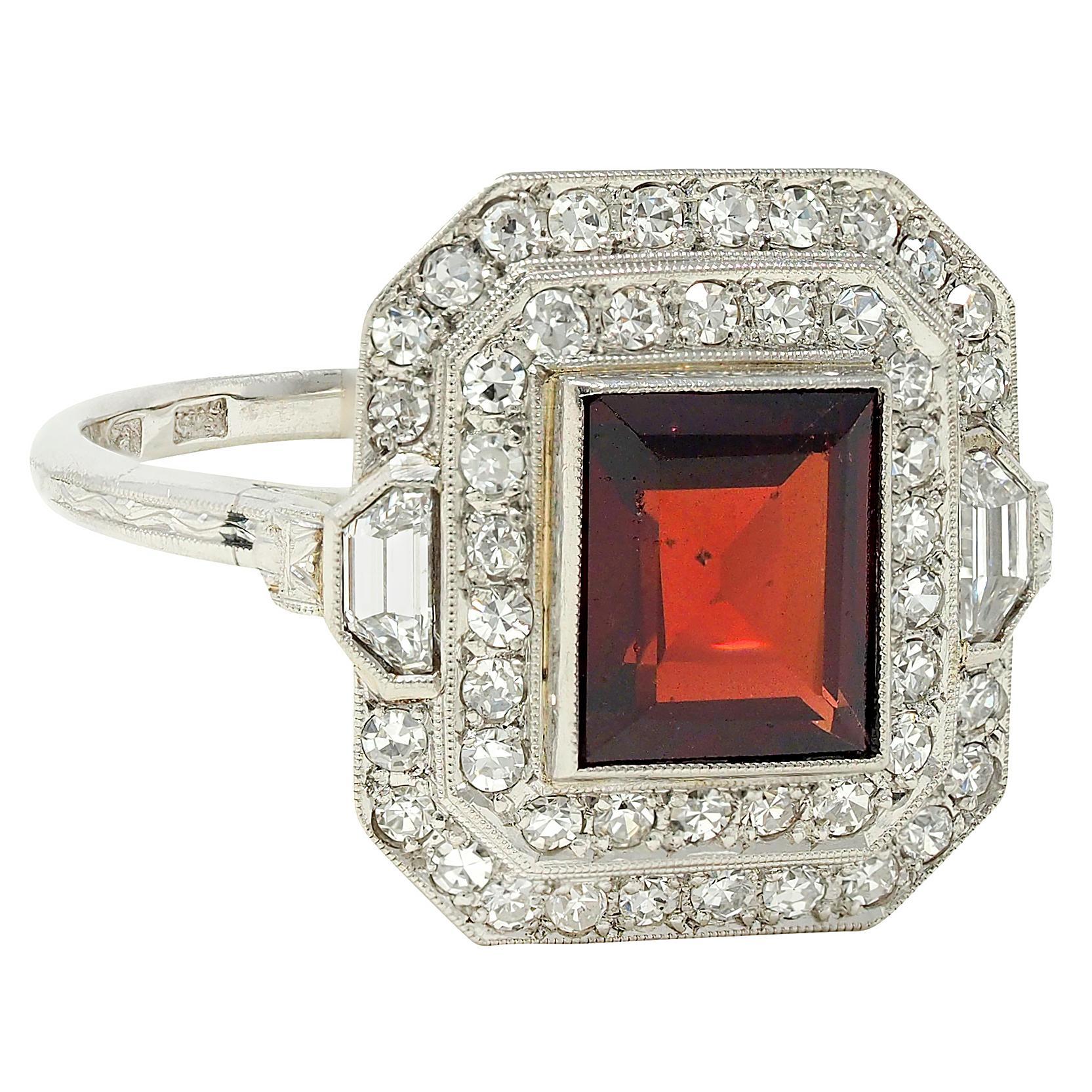 Square Cut Art Deco 2.50 CTW Garnet Diamond Platinum Vintage Double Halo Ring For Sale