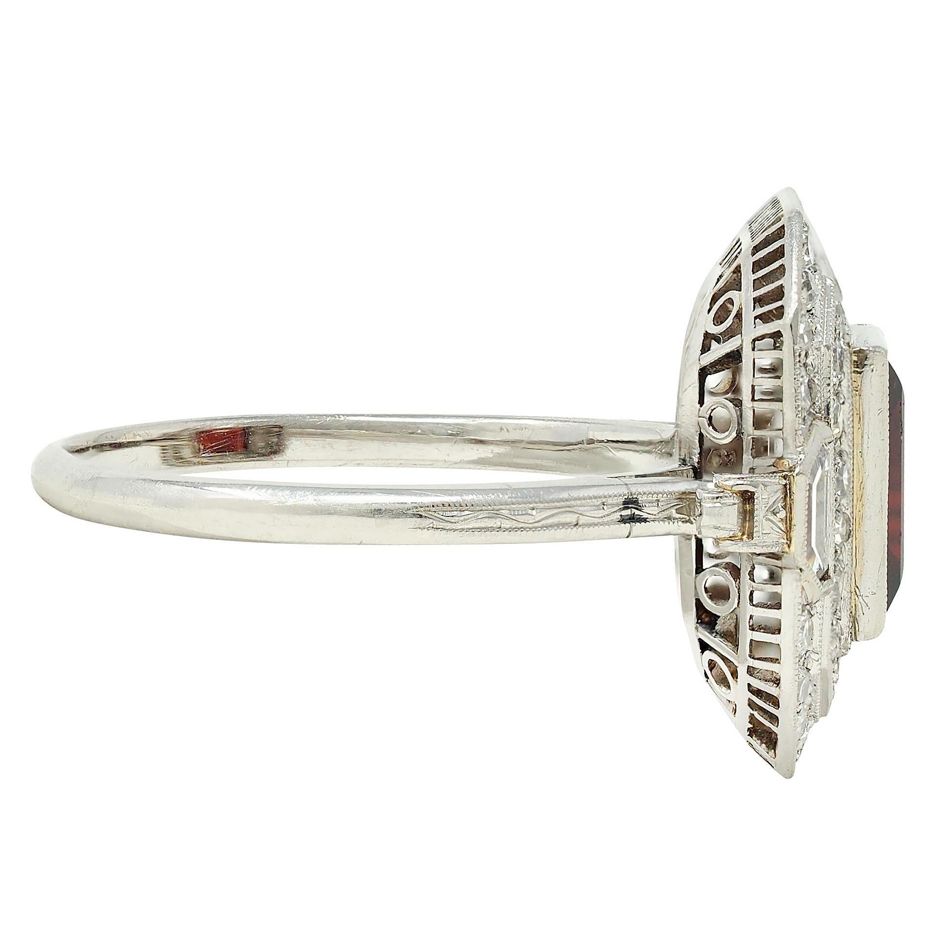 Art Deco 2.50 CTW Garnet Diamond Platinum Vintage Double Halo Ring In Excellent Condition For Sale In Philadelphia, PA
