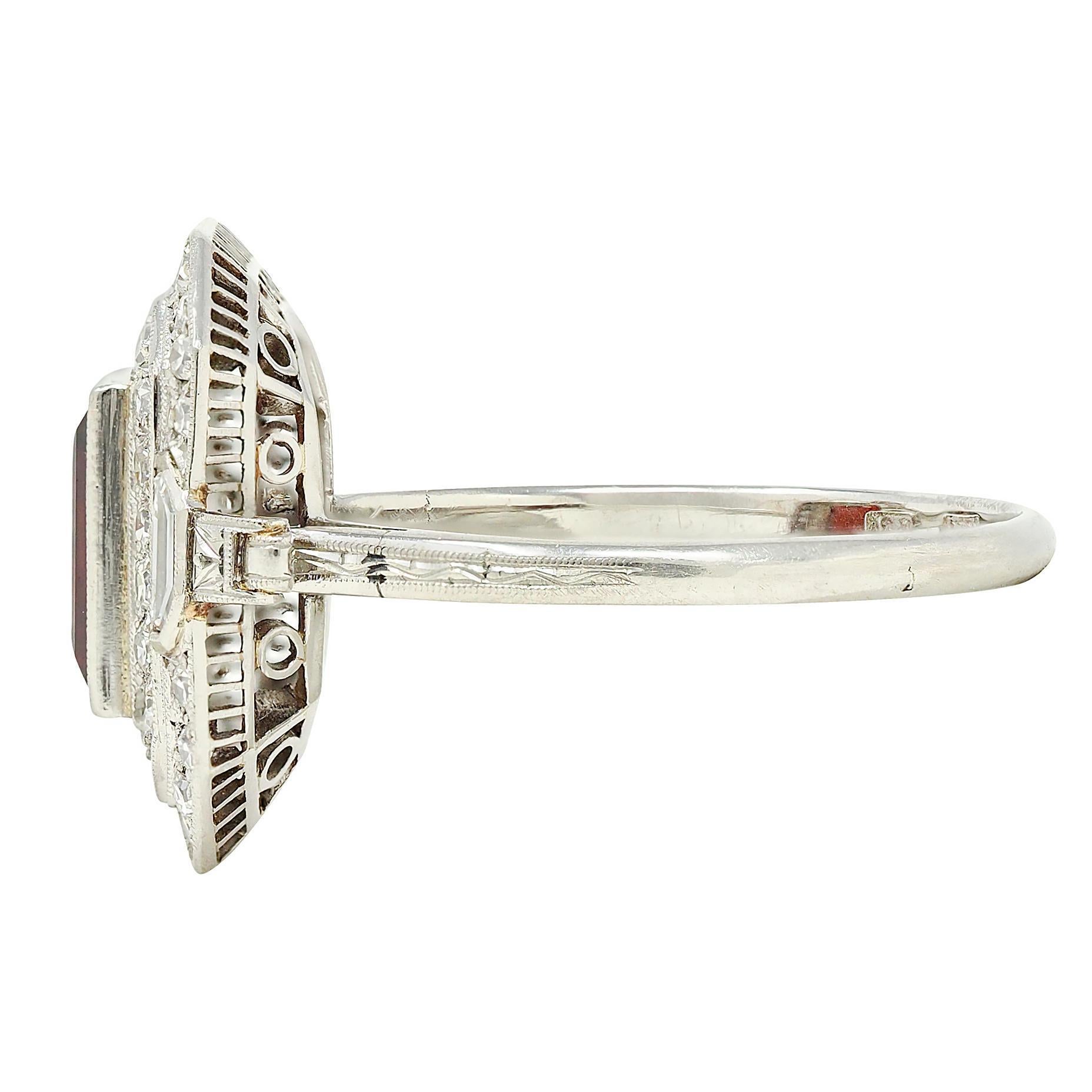 Art Deco 2.50 CTW Garnet Diamond Platinum Vintage Double Halo Ring For Sale 1