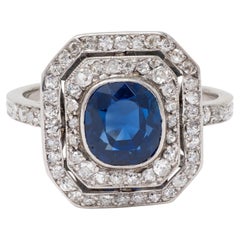 Art Deco 2.50 CTW Sapphire Diamond Platinum Vintage Double Halo Dinner Ring