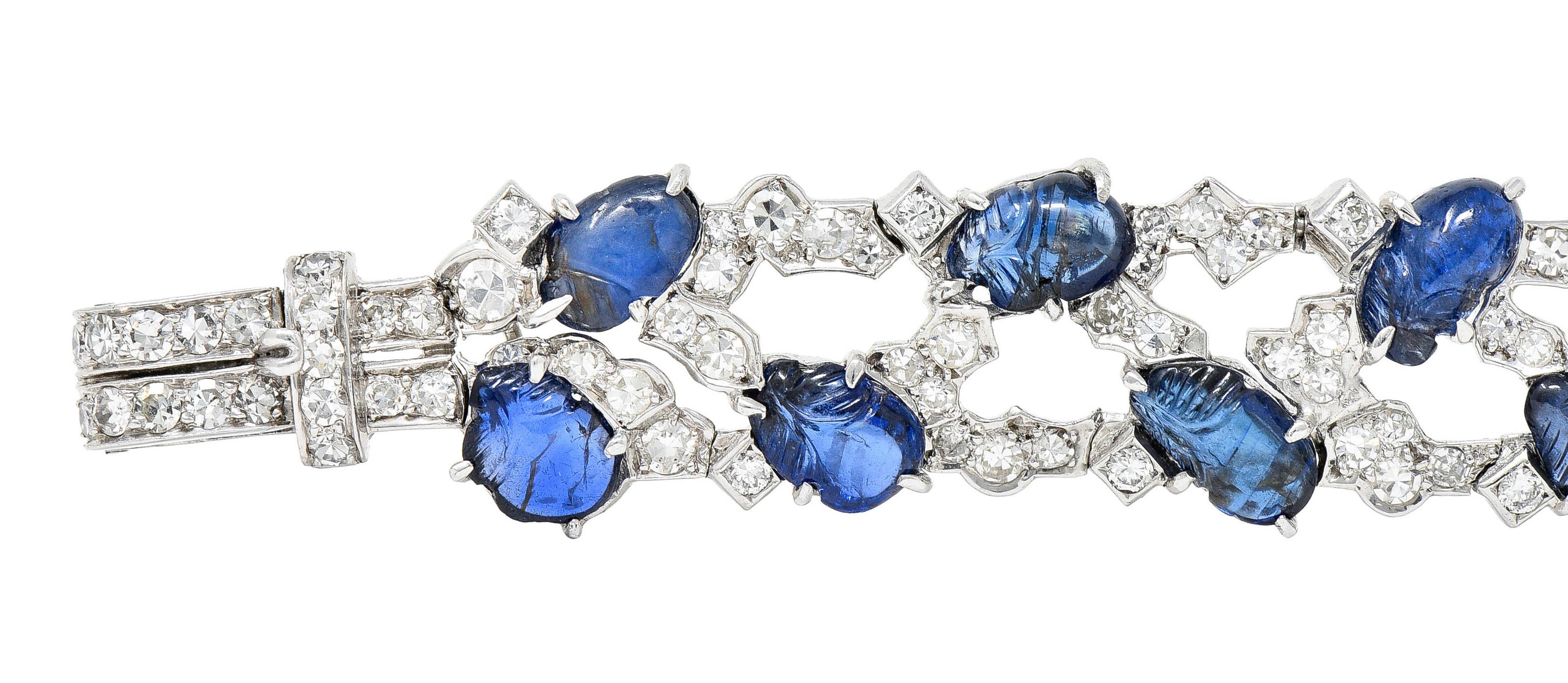 Art Deco 25.05 Carats Carved Sapphire Diamond Platinum Buckle Bracelet 5