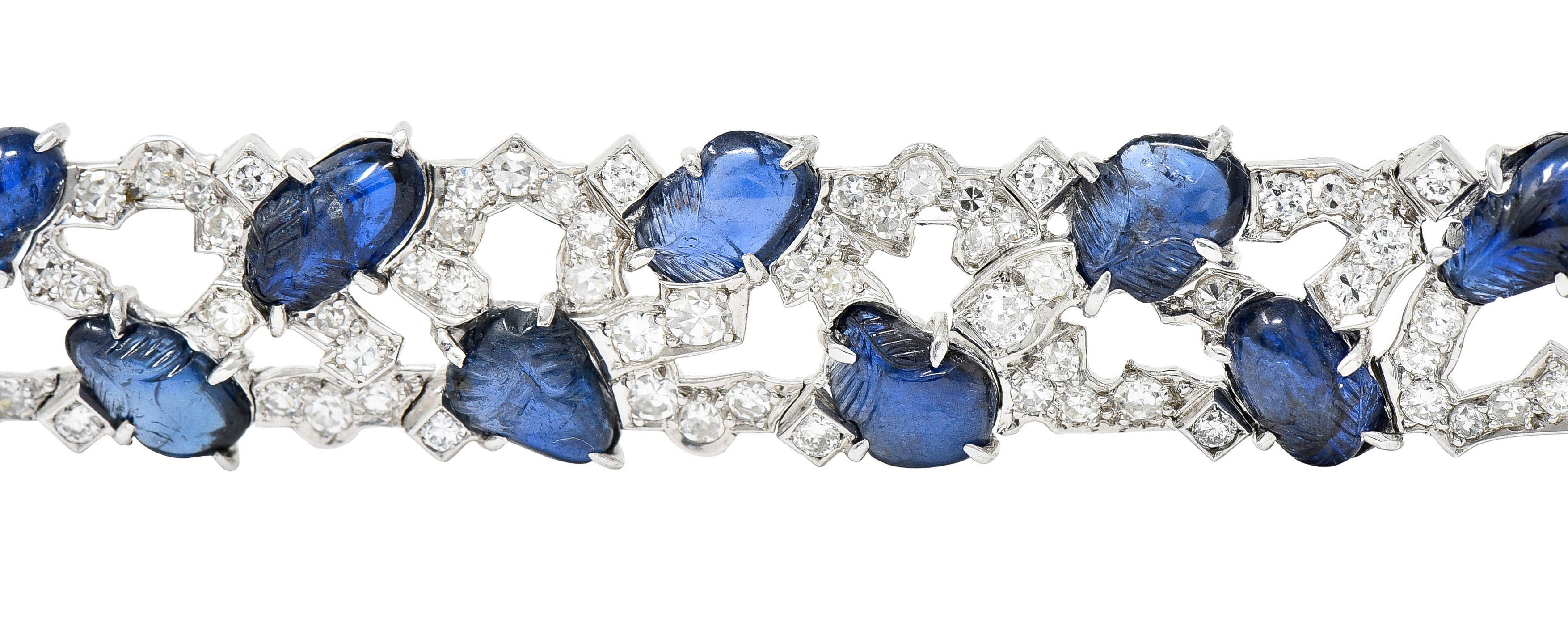 Art Deco 25.05 Carats Carved Sapphire Diamond Platinum Buckle Bracelet 6