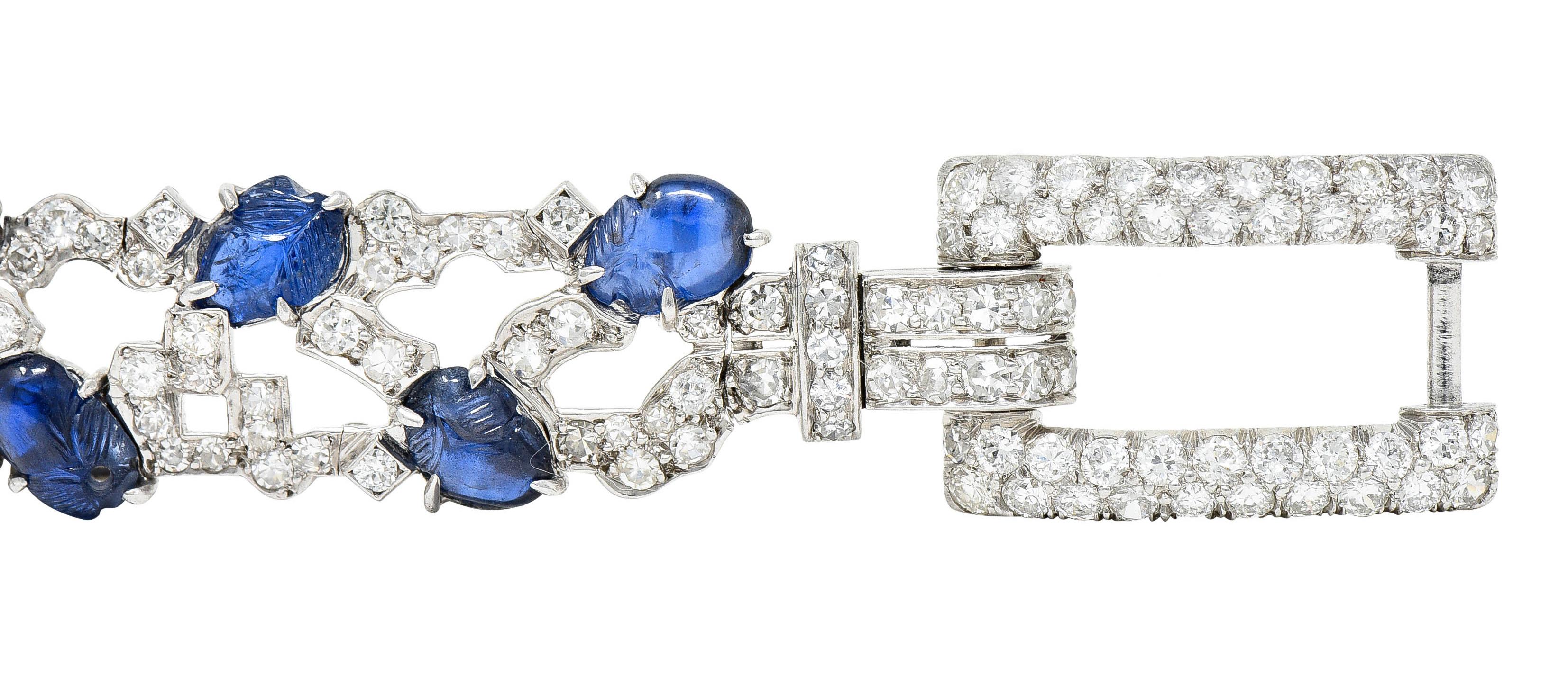Art Deco 25.05 Carats Carved Sapphire Diamond Platinum Buckle Bracelet 7