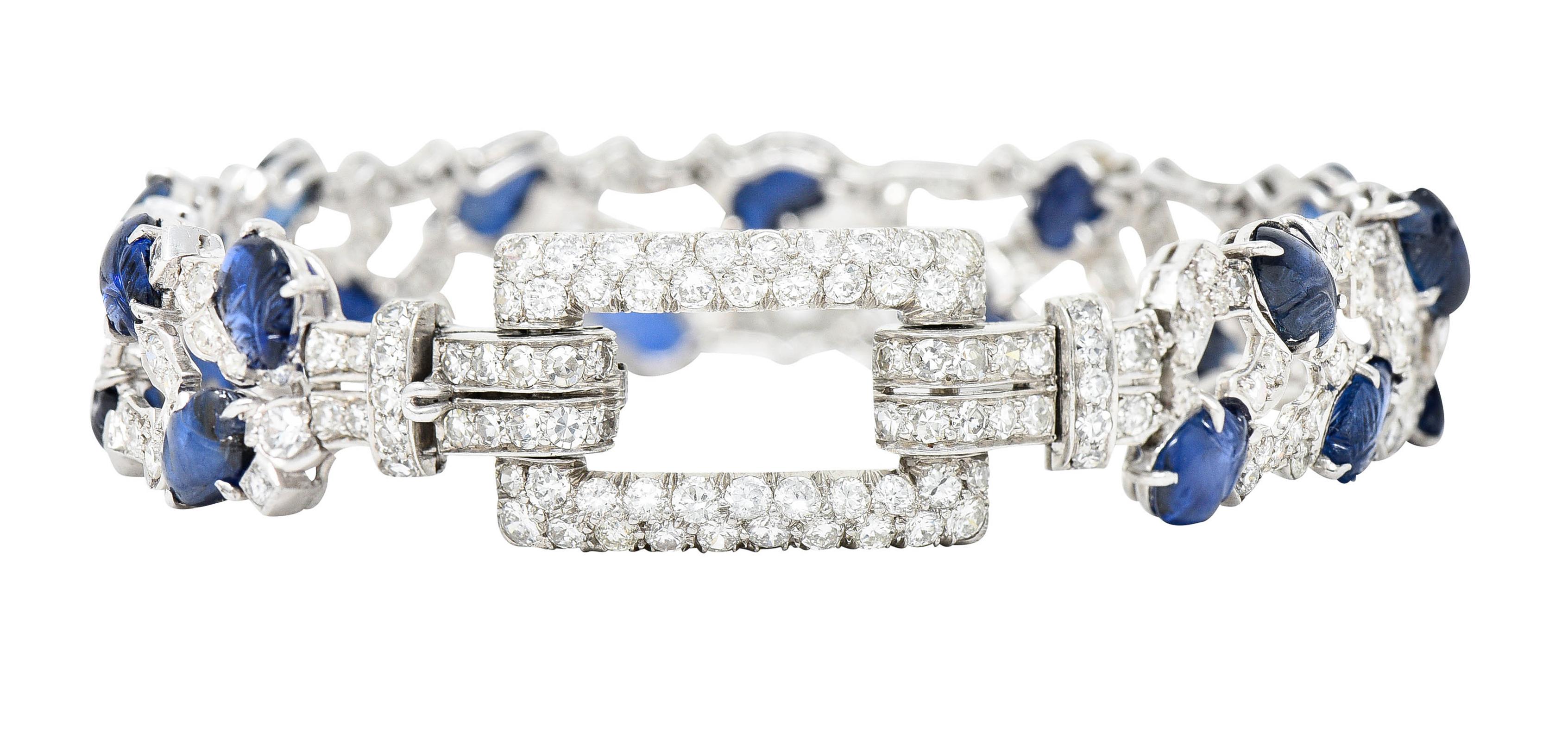 Women's or Men's Art Deco 25.05 Carats Carved Sapphire Diamond Platinum Buckle Bracelet