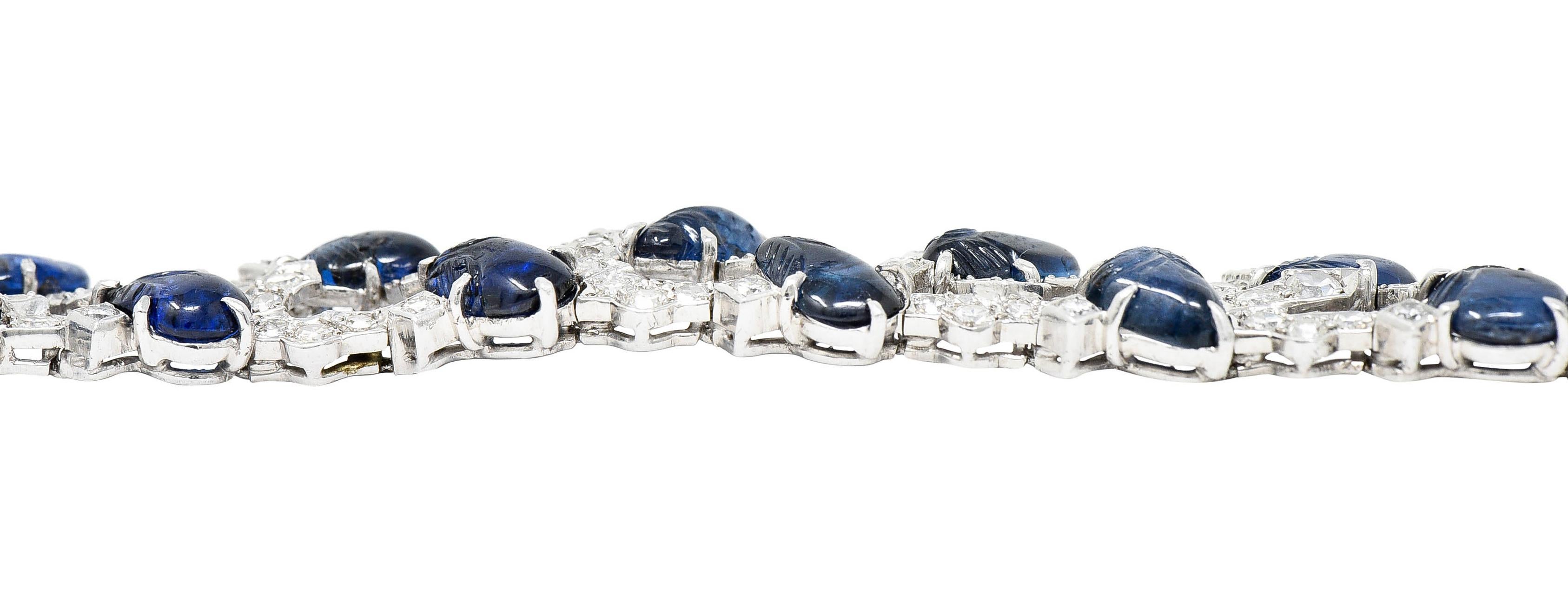 Art Deco 25.05 Carats Carved Sapphire Diamond Platinum Buckle Bracelet 3