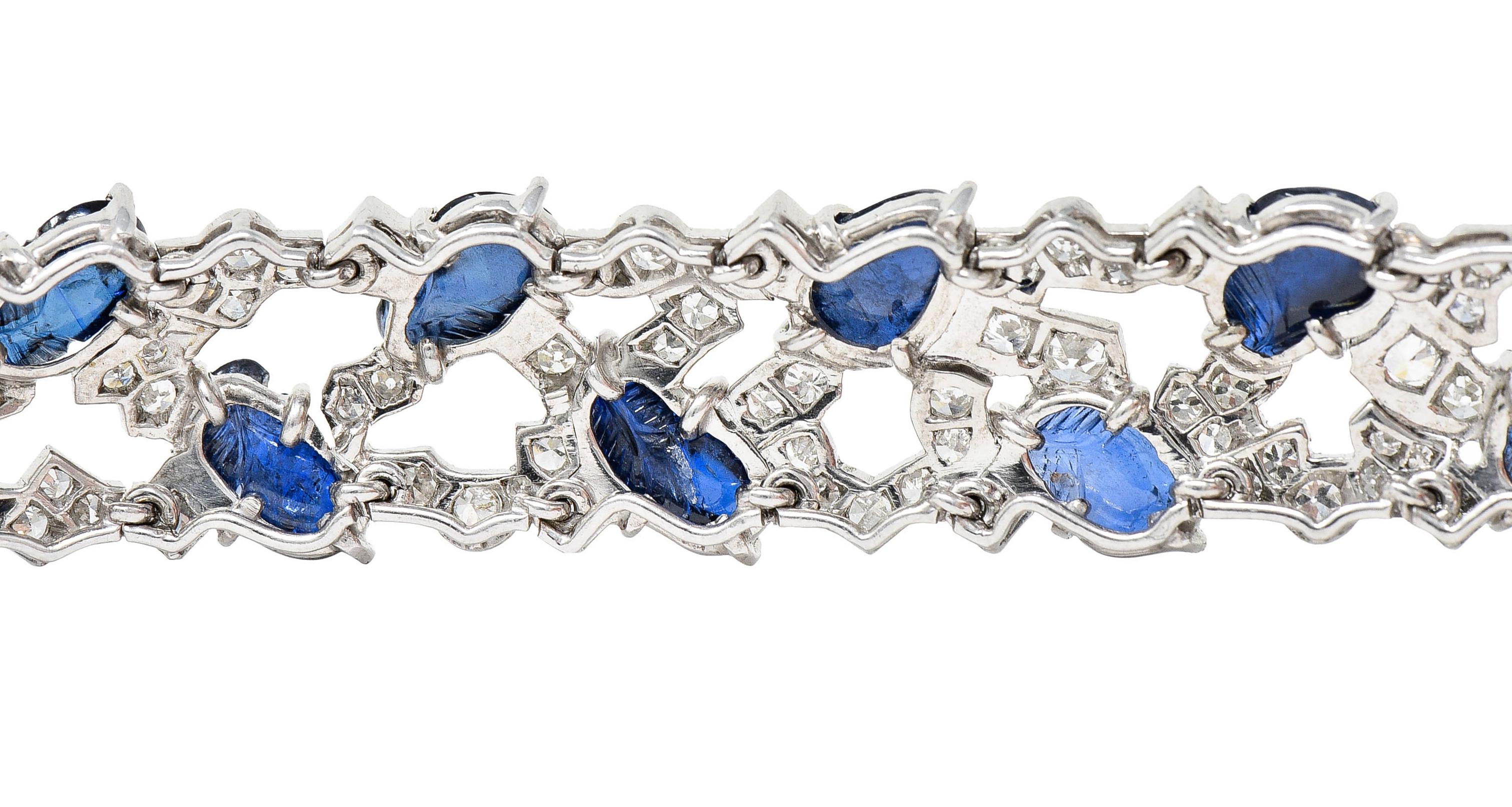 Art Deco 25.05 Carats Carved Sapphire Diamond Platinum Buckle Bracelet 4