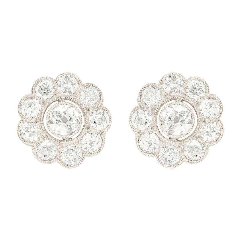 Art Deco 2.50ct Diamond Daisy Cluster Earrings, c.1920s In Good Condition In London, GB