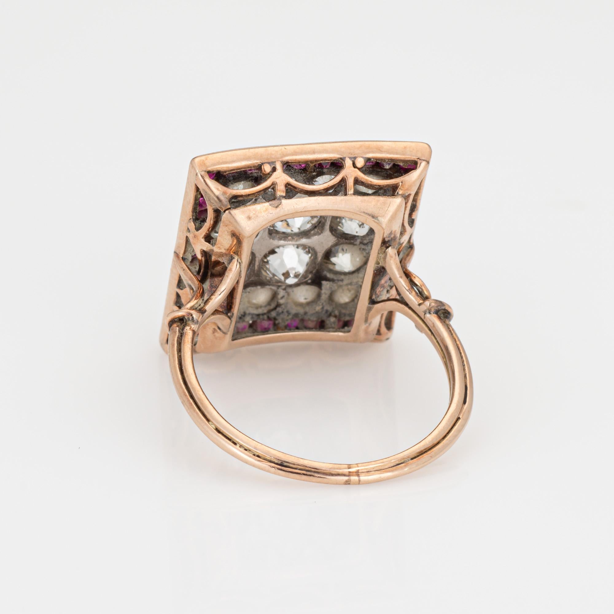 De las mujeres Art Decó 2.50ct Anillo de Rubí Diamante Racimo Vintage Oro Amarillo 14k Cuadrado 6.75
