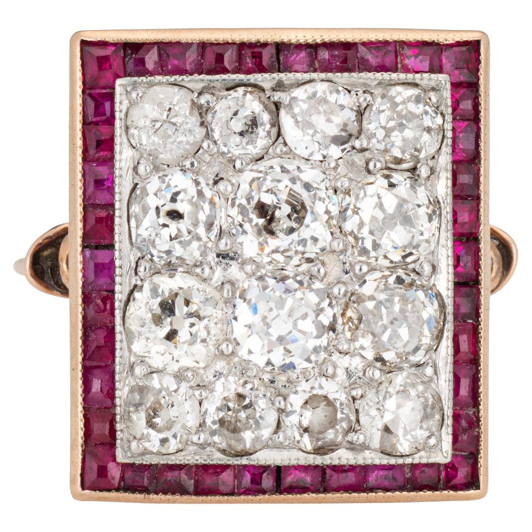 Art Decó 2.50ct Anillo de Rubí Diamante Racimo Vintage Oro Amarillo 14k Cuadrado 6.75
