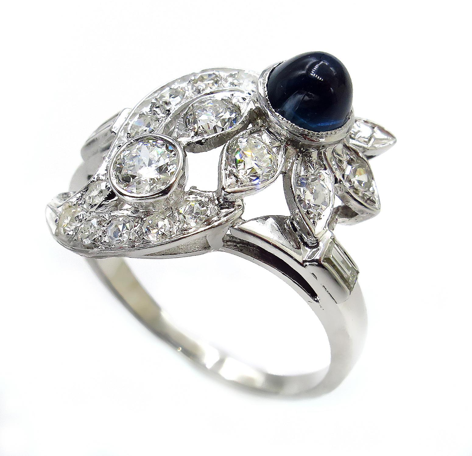 Highly evocative of Golden Age Hollywood Glamour dating from the 1930s, this dynamic dazzler represents a merging of Art Deco and forthcoming 1940s Retro styles. This fabulous free form spray ring, artfully designed multidimensional mounting