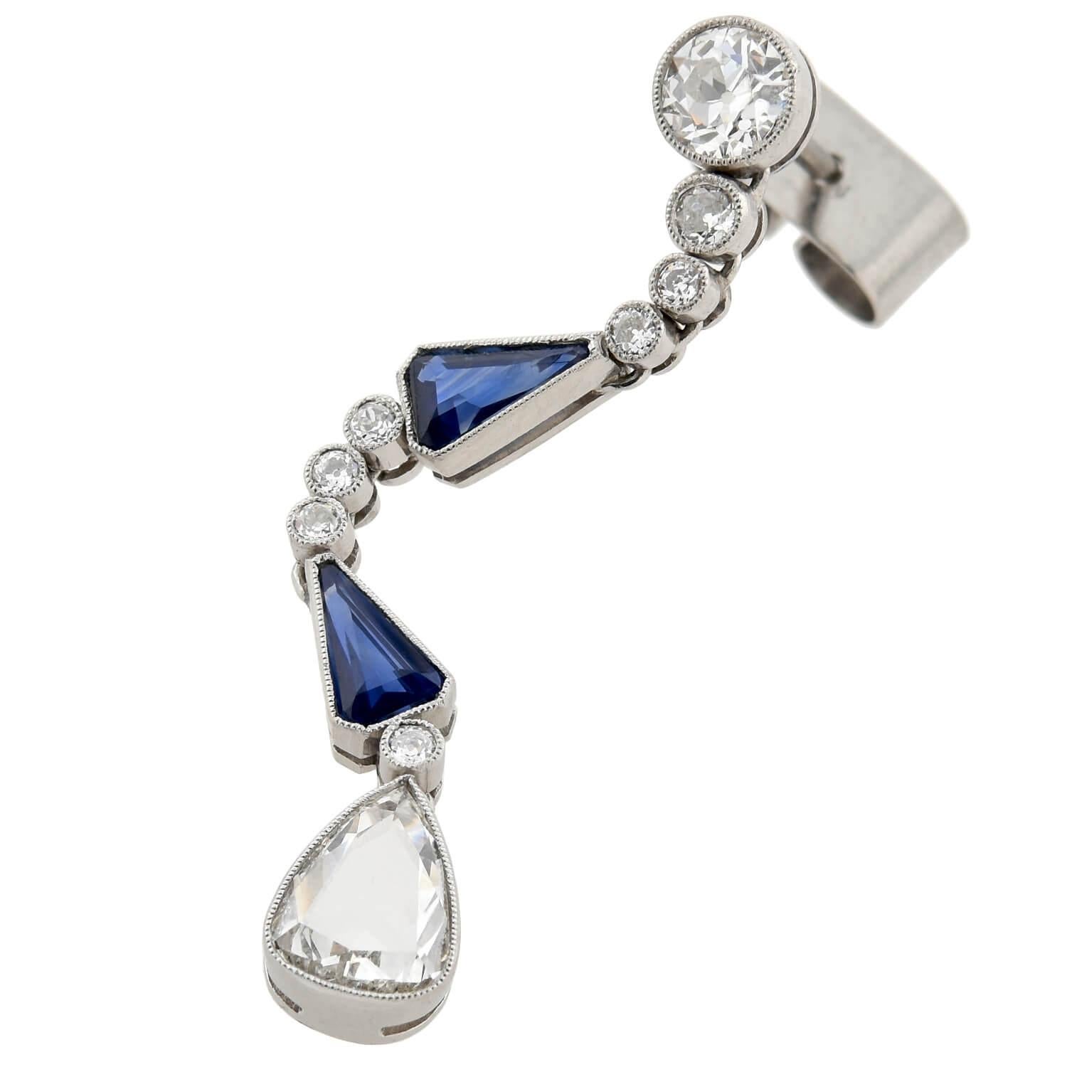 Old Mine Cut Art Deco 2.50 Carat Diamond and 1.02 Carat Sapphire Dangle Earrings For Sale
