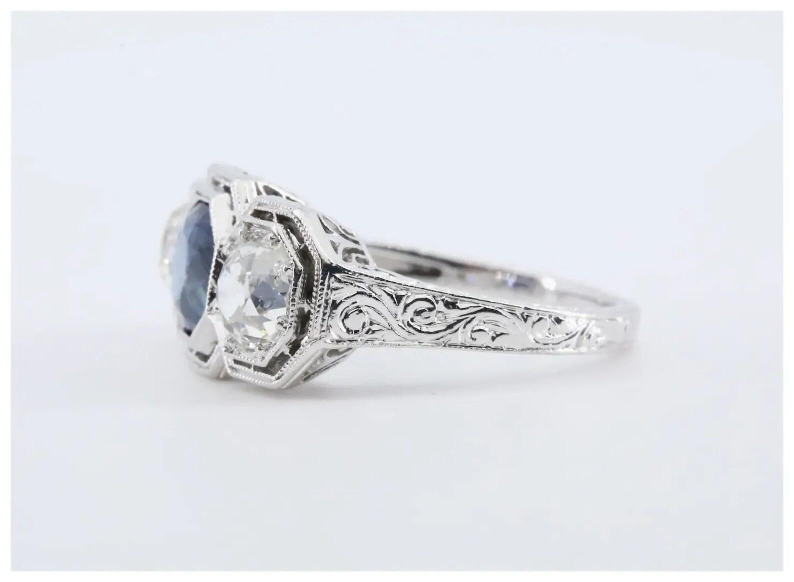Old Mine Cut Art Deco 2.50ctw Three Stone No Heat Sapphire, & Diamond Ring in Platinum For Sale
