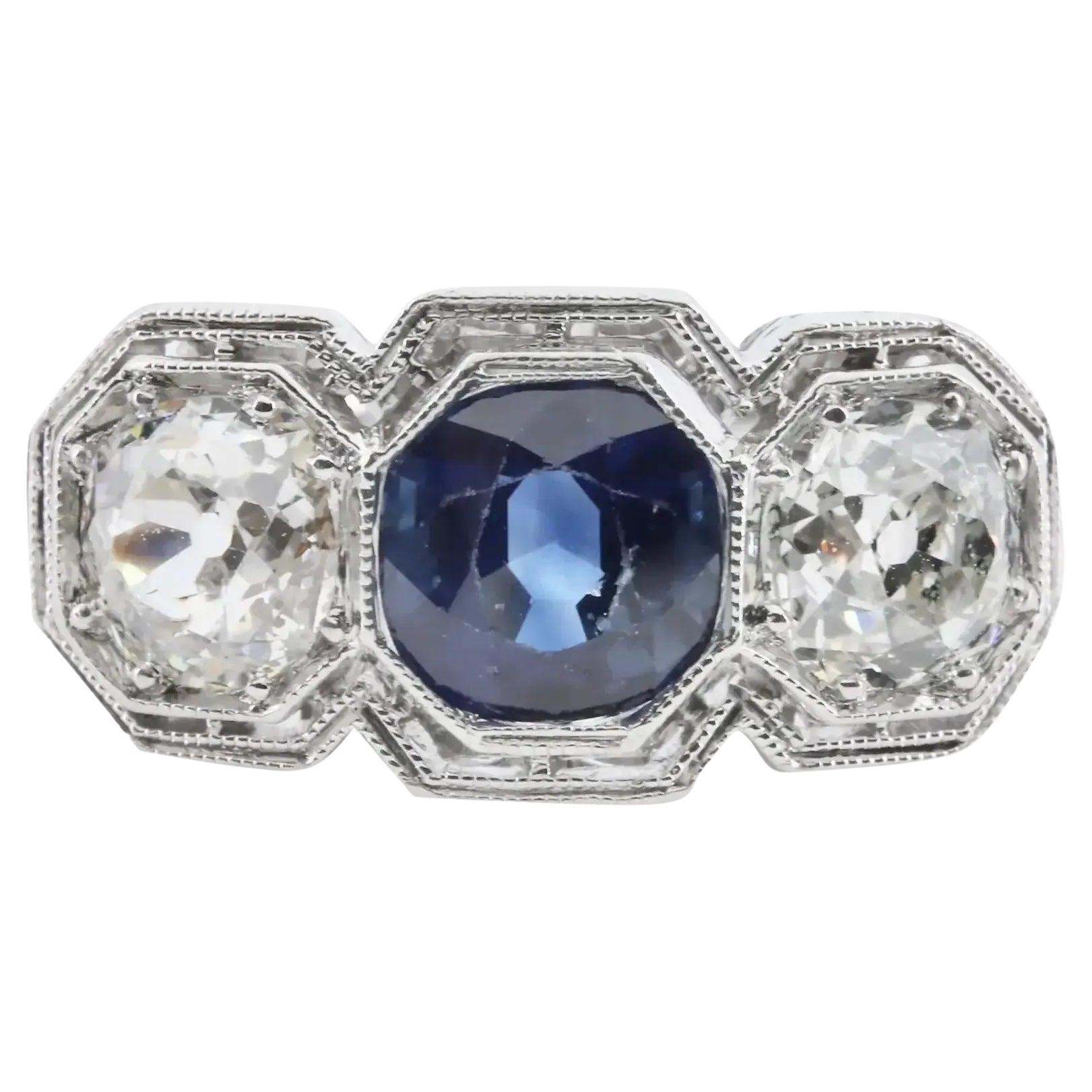 Art Deco 2.50ctw Three Stone No Heat Sapphire, & Diamond Ring in Platinum