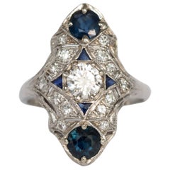 Art Deco 2.52 Carat Diamond and Blue Sapphire Platinum Shield Cocktail Ring