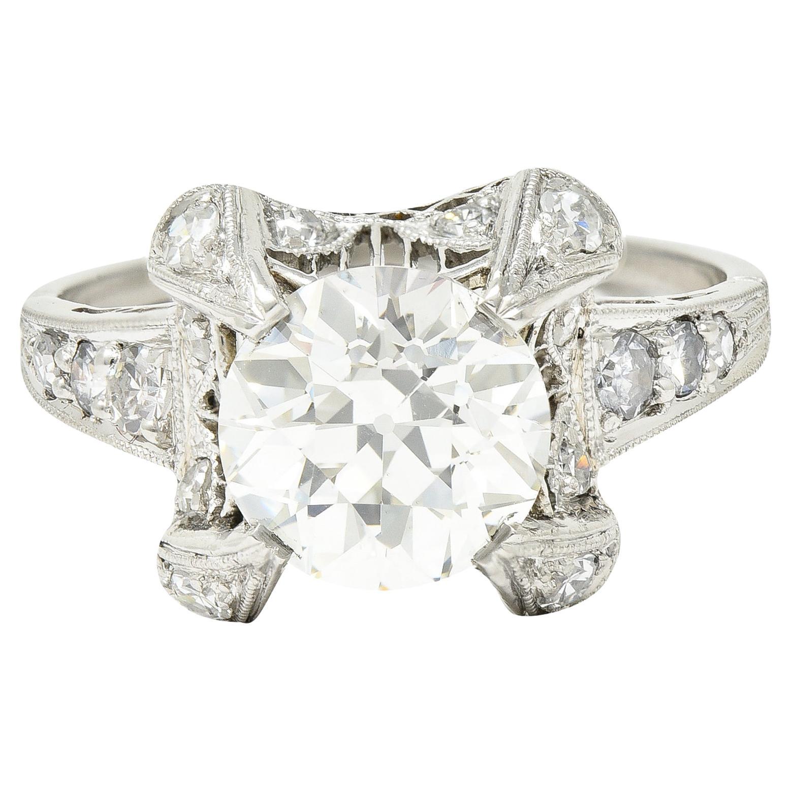 Art Deco 2.53 Carats Old European Cut Diamond Platinum Filigree Engagement Ring For Sale