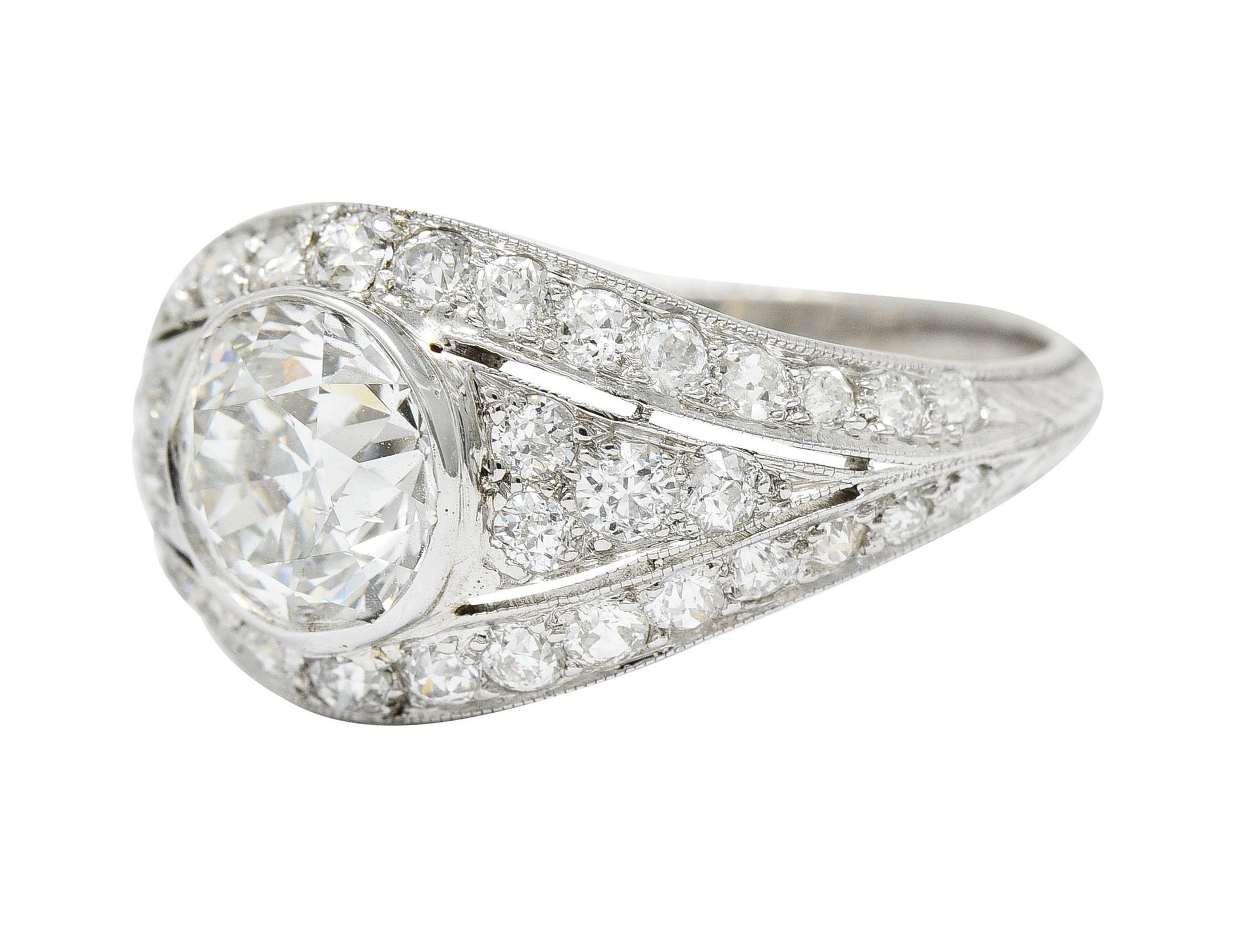 Art Deco 2.53 Carats Old European Diamond Platinum Bombe Band Ring For Sale 2