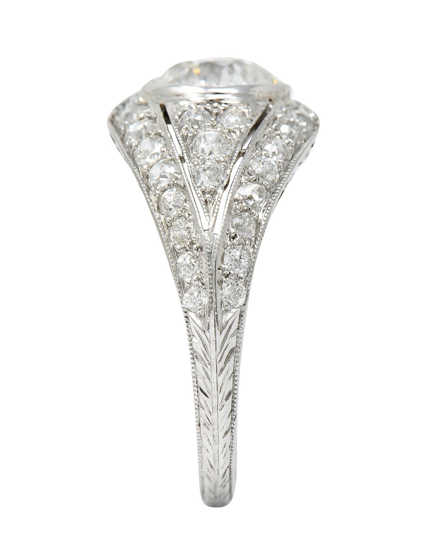 Art Deco 2.53 Carats Old European Diamond Platinum Bombe Band Ring For Sale 4