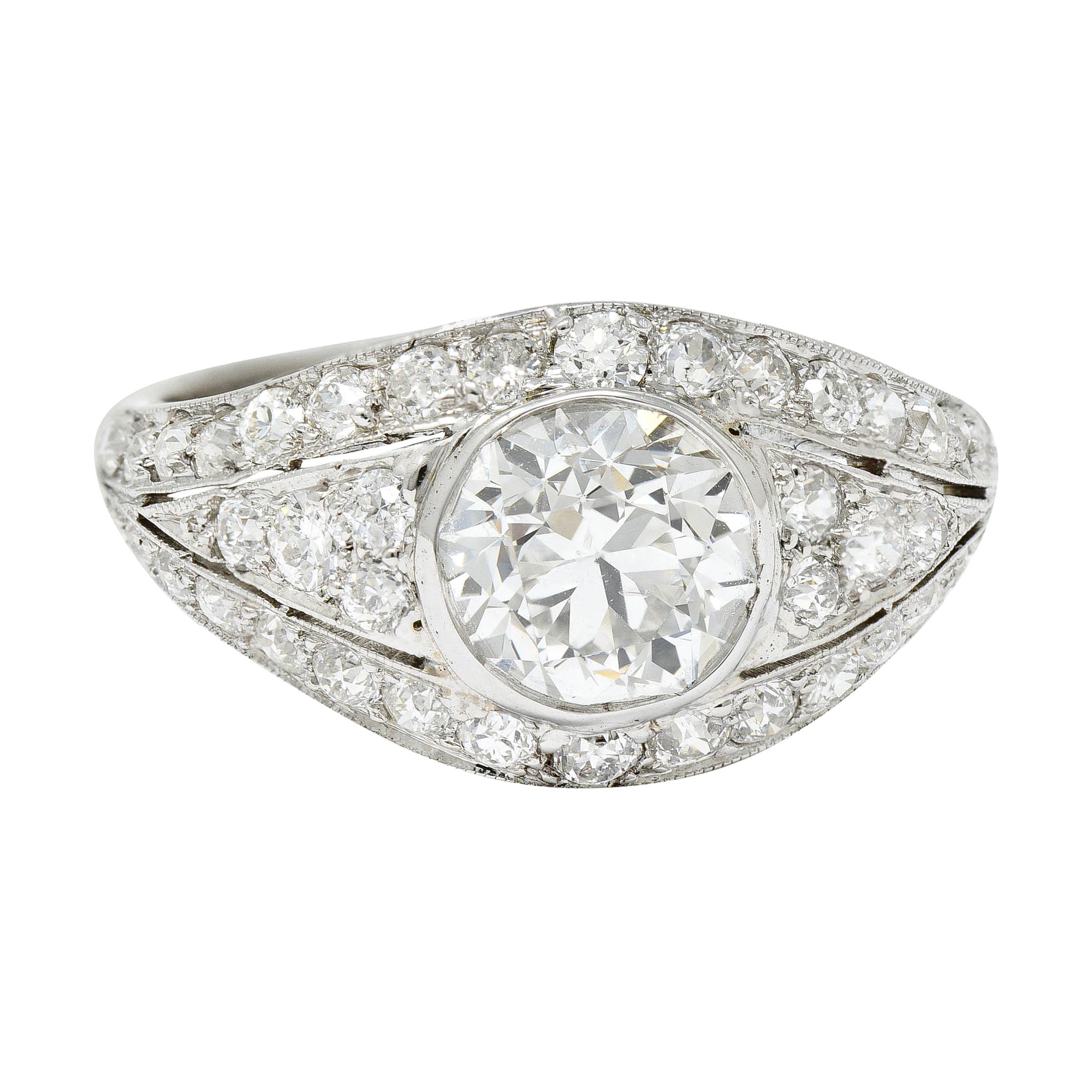 Art Deco 2.53 Carats Old European Diamond Platinum Bombe Band Ring For Sale