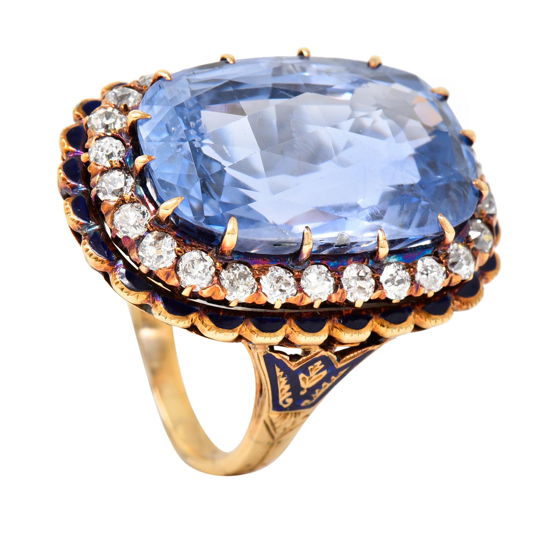 Art Deco 25.39 Carats Cushion Cut No-Heat Ceylon Sapphire Diamond 14 Karat Ring 7