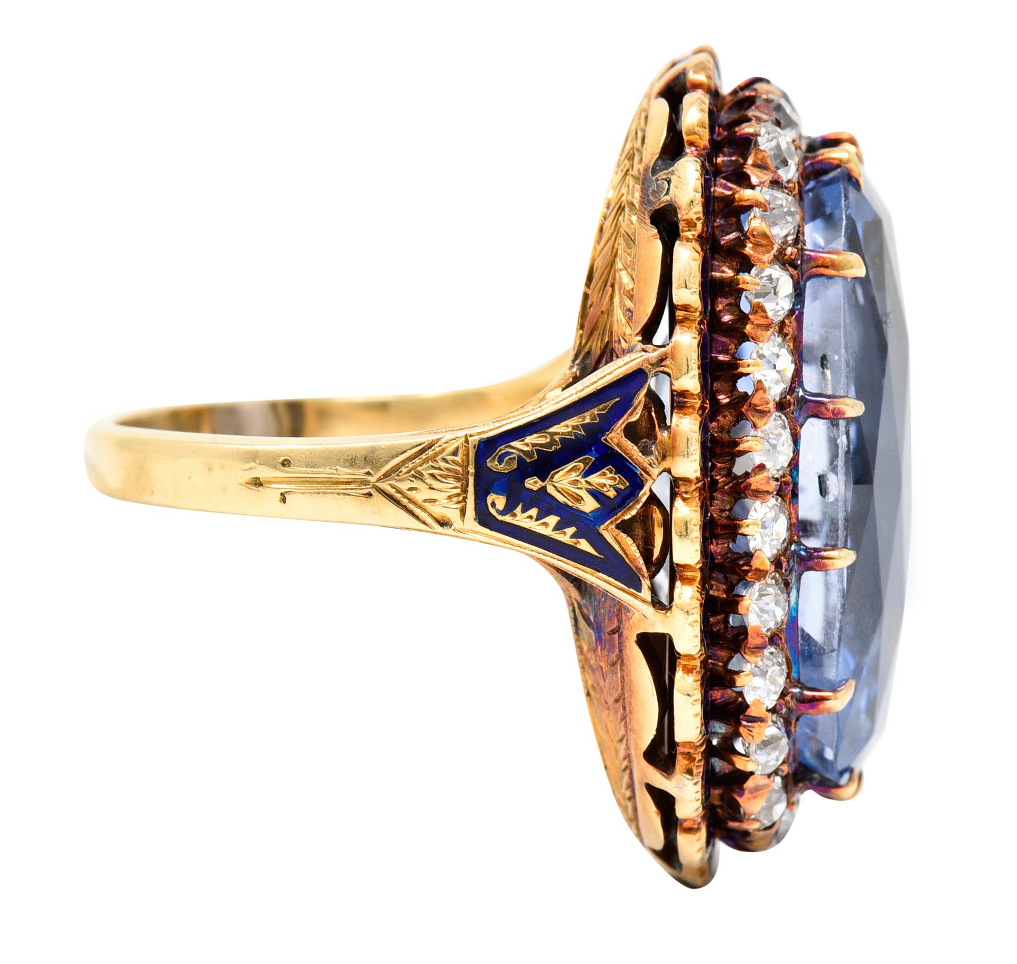 Art Deco 25.39 Carats Cushion Cut No-Heat Ceylon Sapphire Diamond 14 Karat Ring In Excellent Condition In Philadelphia, PA