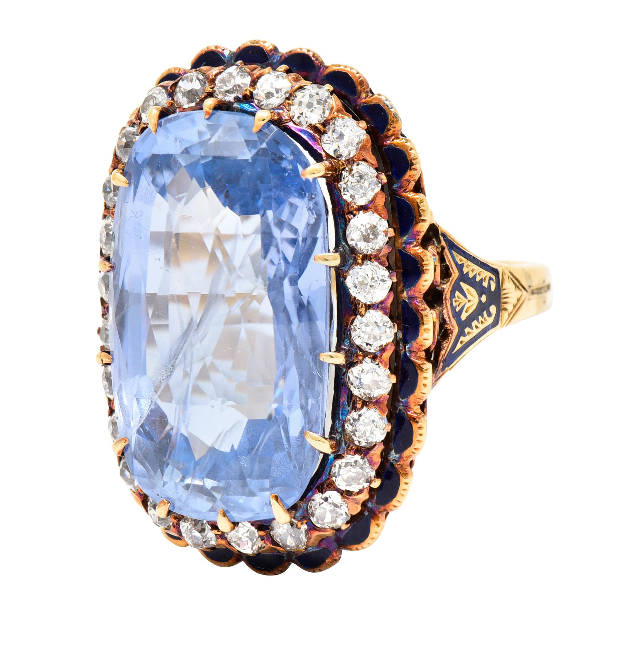 Art Deco 25.39 Carats Cushion Cut No-Heat Ceylon Sapphire Diamond 14 Karat Ring 2
