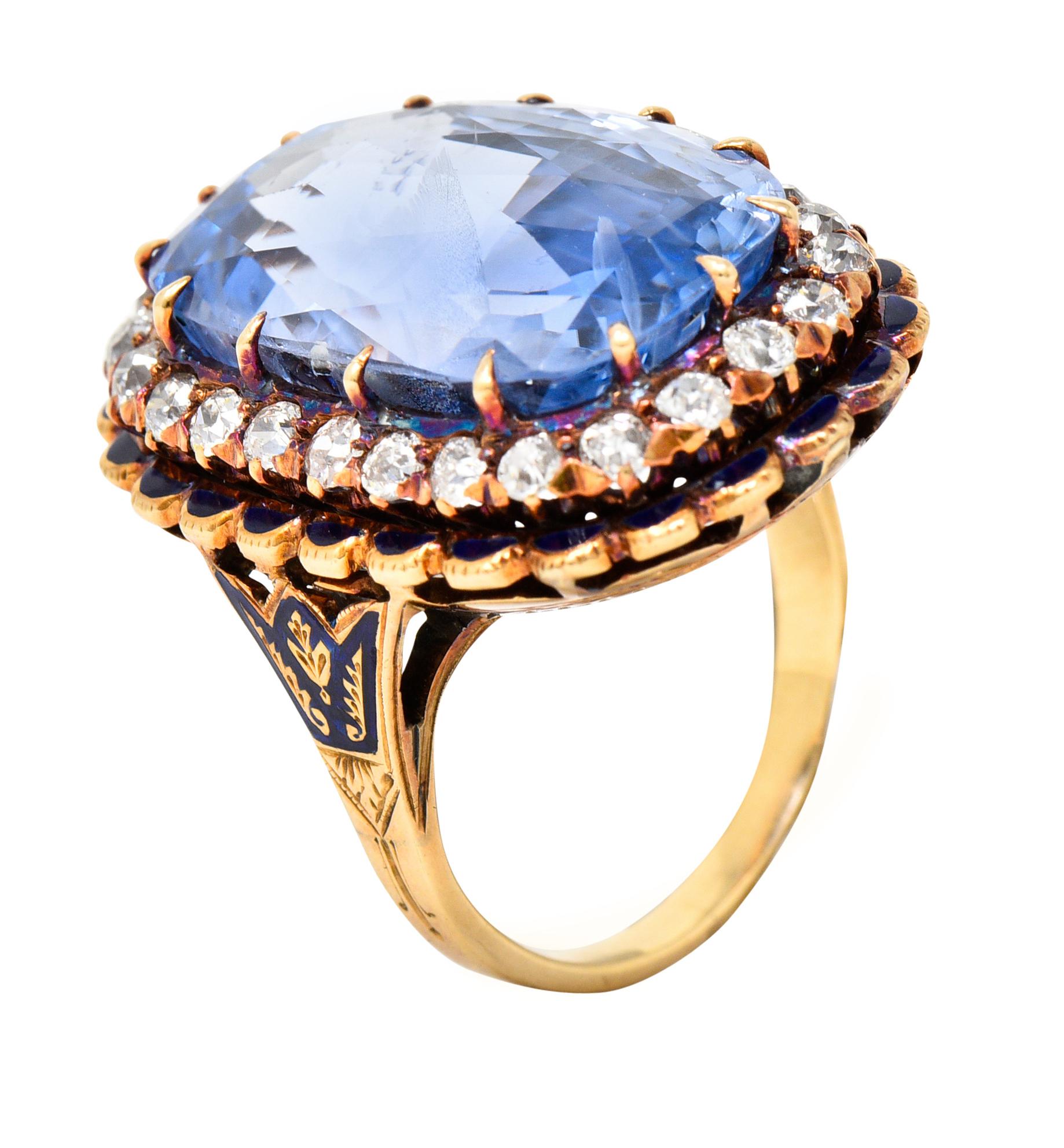 Art Deco 25.39 Carats Cushion Cut No-Heat Ceylon Sapphire Diamond 14 Karat Ring 4