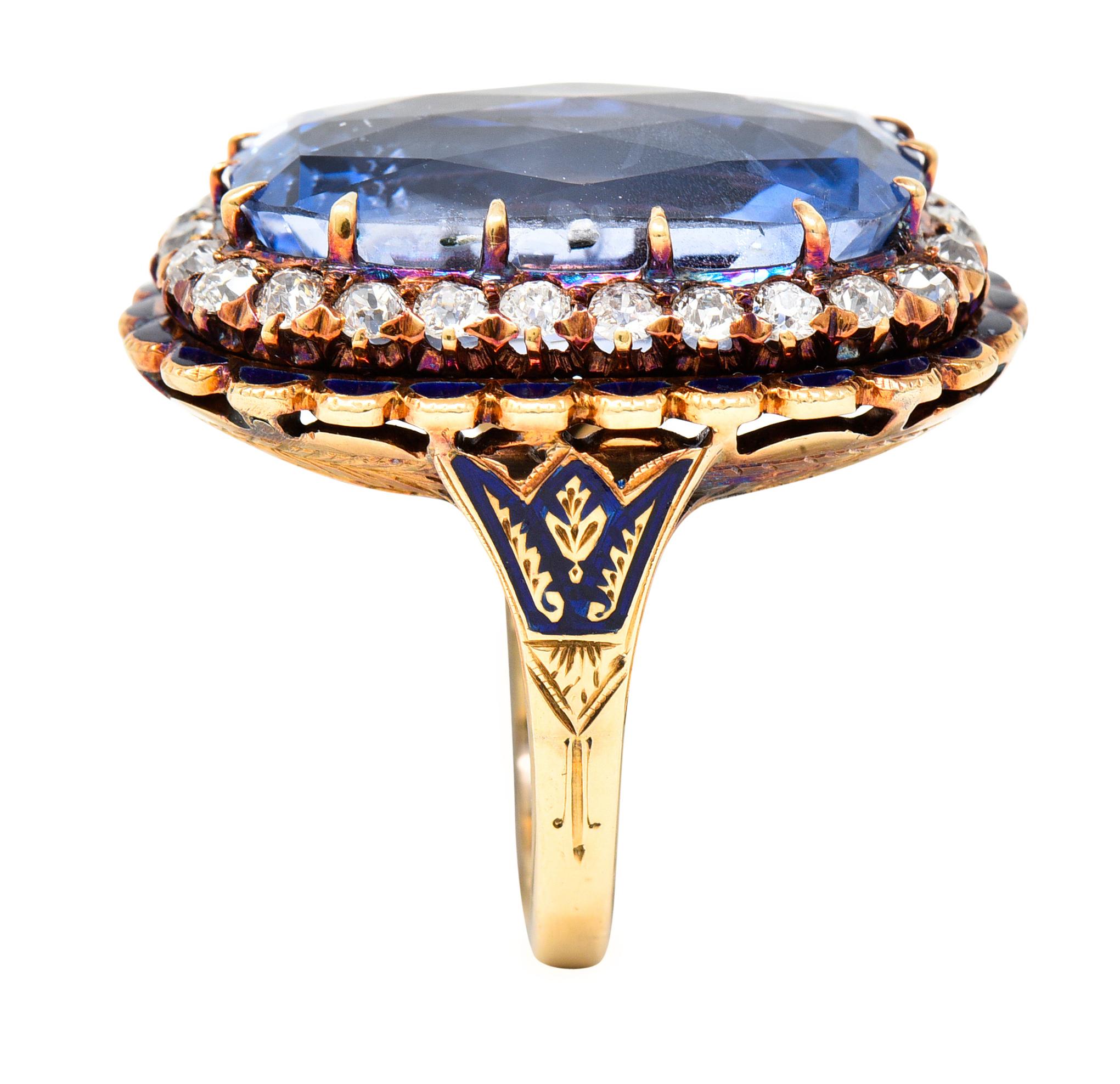 Art Deco 25.39 Carats Cushion Cut No-Heat Ceylon Sapphire Diamond 14 Karat Ring 5