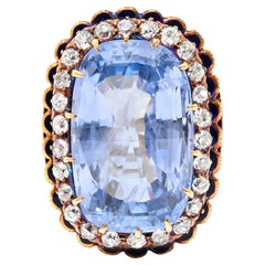 Antique Art Deco 25.39 Carats Cushion Cut No-Heat Ceylon Sapphire Diamond 14 Karat Ring
